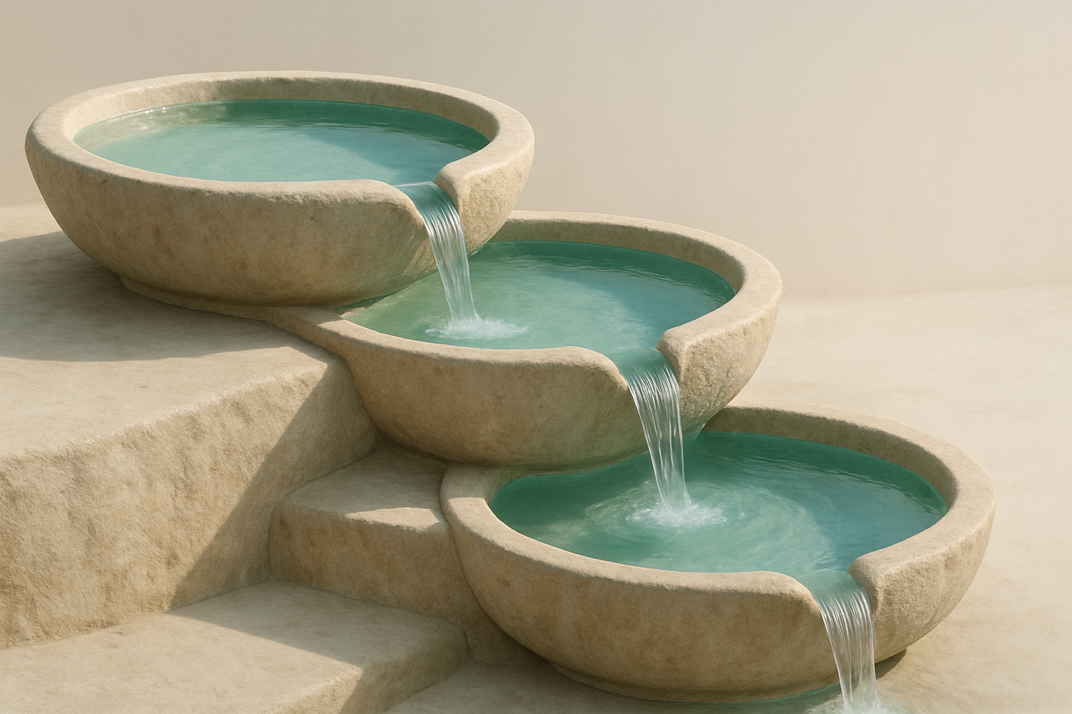Three terraced stone basins like bird-baths. Each basin is filled to the brim, and the water spills over the edge down into the next, lower basin in a continuous cascade.